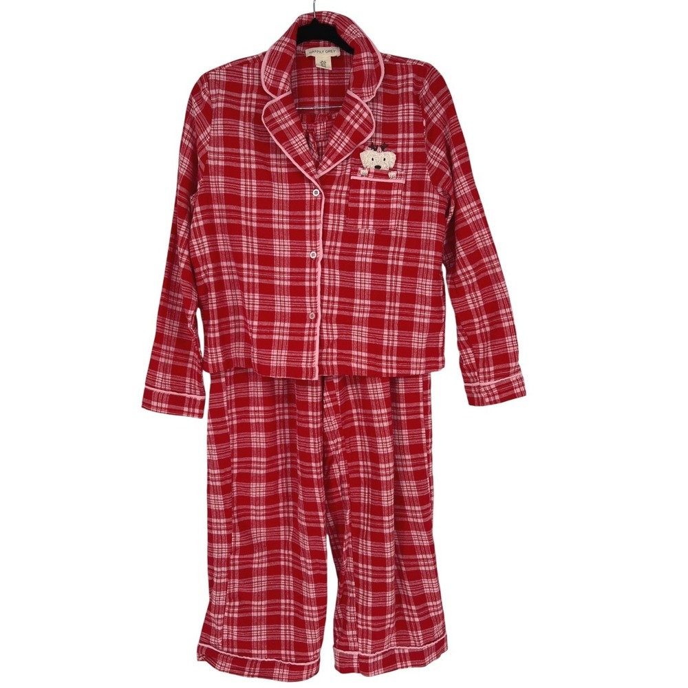 Happily Grey Red Plaid Flannel‎ Pajama Set Dog Embroidered Sleepwear Small EUC